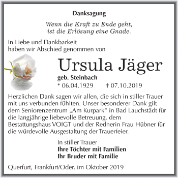 Traueranzeige von Ursula Jäger von Wochenspiegel Merseburg/Querfurt