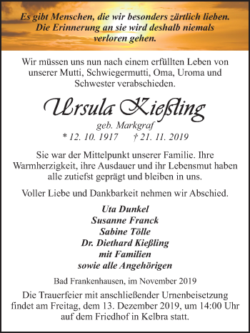 Traueranzeige von Ursula Kießling von Mitteldeutsche Zeitung Sangerhausen