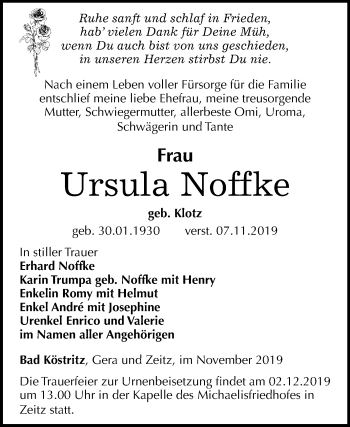 Traueranzeige von Ursula Noffke von Mitteldeutsche Zeitung Zeitz