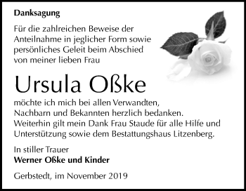 Traueranzeige von Ursula Oßke von Mitteldeutsche Zeitung Mansfelder Land