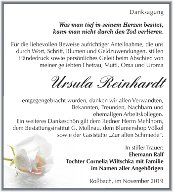 Traueranzeige von Ursula Reinhardt von Super Sonntag Merseburg/Querfurt