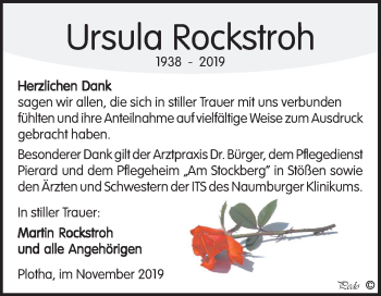 Traueranzeige von Ursula Rockstroh von Wochenspiegel Weißenfels