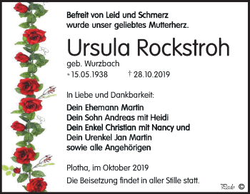 Traueranzeige von Ursula Rockstroh von Mitteldeutsche Zeitung Weißenfels