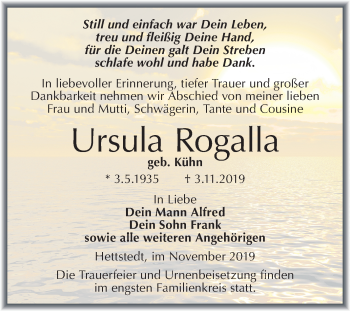 Traueranzeige von Ursula Rogalla von Mitteldeutsche Zeitung Mansfelder Land