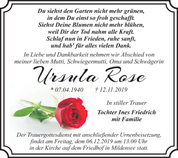 Traueranzeige von Ursula Rose von Super Sonntag Dessau-Roßlau
