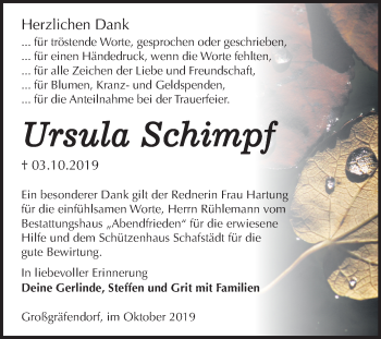 Traueranzeige von Ursula Schimpf von Wochenspiegel Merseburg/Querfurt