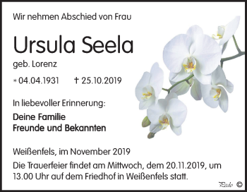 Traueranzeige von Ursula Seela von Mitteldeutsche Zeitung Weißenfels