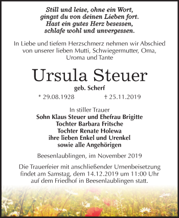 Traueranzeige von Ursula Steuer von Mitteldeutsche Zeitung Bernburg