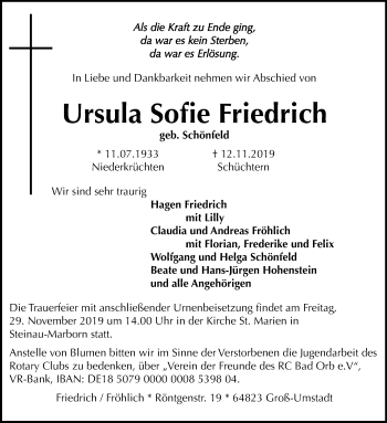 Traueranzeige von Ursula Sofie Friedrich von Mitteldeutsche Zeitung Naumburg/Nebra