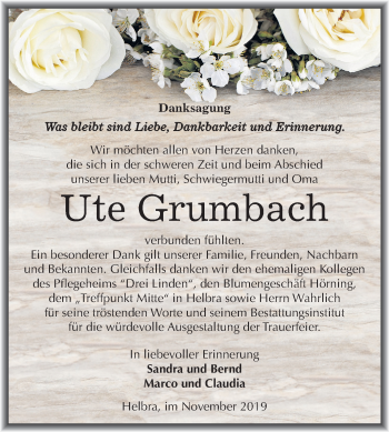 Traueranzeige von Ute Grumbach von Wochenspiegel Mansfelder Land