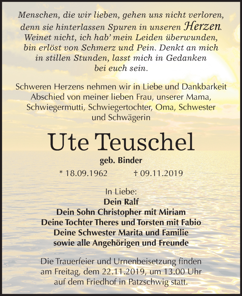  Traueranzeige für Ute Teuschel vom 16.11.2019 aus Super Sonntag Wittenberg