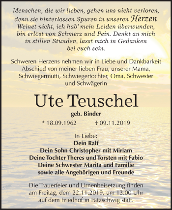 Traueranzeige von Ute Teuschel von Mitteldeutsche Zeitung Wittenberg