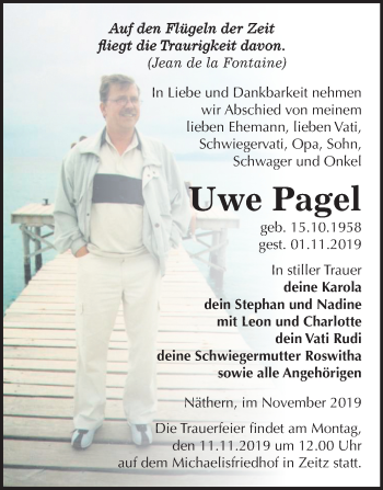 Traueranzeige von Uwe Pagel von Mitteldeutsche Zeitung Zeitz