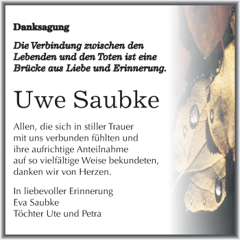 Traueranzeige von Uwe Saubke von Mitteldeutsche Zeitung Wittenberg