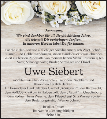Traueranzeige von Uwe Siebert von Super Sonntag Quedlinburg