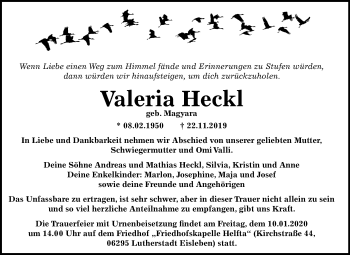 Traueranzeige von Valeria Heckl von Mitteldeutsche Zeitung Halle/Saalkreis
