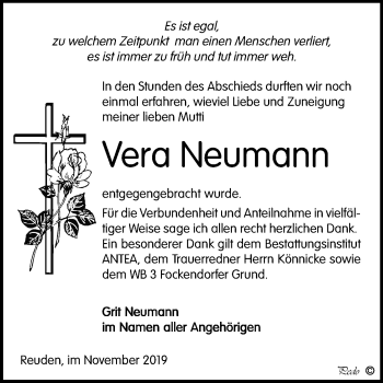 Traueranzeige von Vera Neumann von Super Sonntag Zeitz