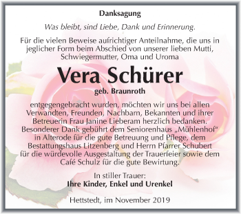 Traueranzeige von Vera Schürer von Mitteldeutsche Zeitung Mansfelder Land