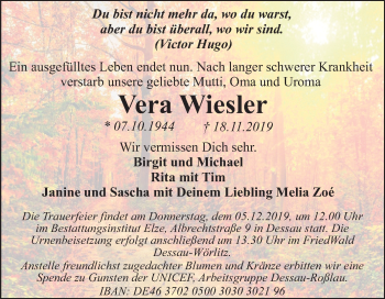 Traueranzeige von Vera Wiesler von Super Sonntag Dessau-Roßlau
