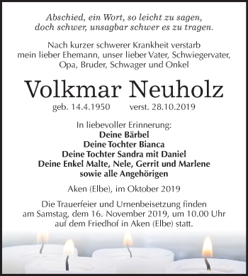 Traueranzeige von Volkmar Neuholz von Super Sonntag Köthen
