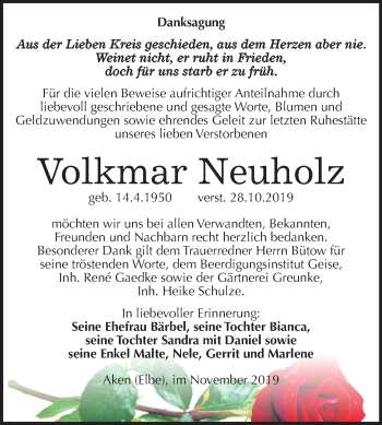 Traueranzeige von Volkmar Neuholz von Mitteldeutsche Zeitung Köthen