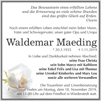 Traueranzeige von Waldemar Maeding von Wochenspiegel Mansfelder Land