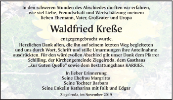 Traueranzeige von Waldfried Kreße von Super Sonntag Merseburg/Querfurt
