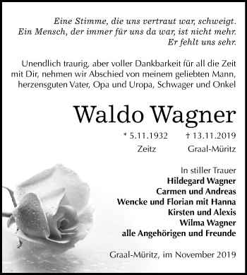 Traueranzeige von Waldo Wagner von Mitteldeutsche Zeitung Zeitz