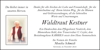 Traueranzeige von Waldtraut Kestner von Mitteldeutsche Zeitung Quedlinburg