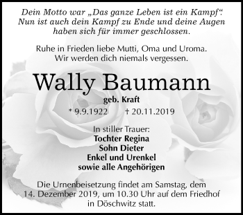 Traueranzeige von Wally Baumann von Super Sonntag Zeitz