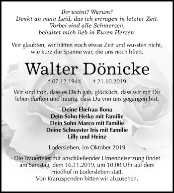 Traueranzeige von Walter Dönicke von Mitteldeutsche Zeitung Merseburg/Querfurt