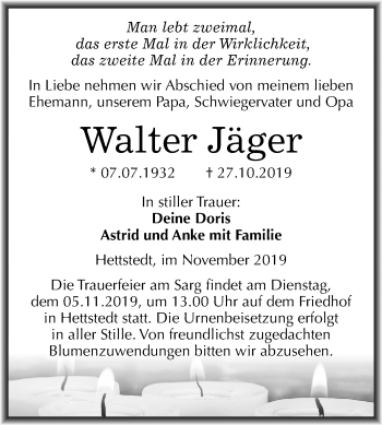 Traueranzeige von Walter Jäger von Super Sonntag Mansfelder Land