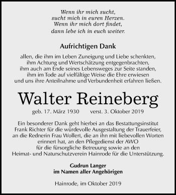 Traueranzeige von Walter Reineberg von Mitteldeutsche Zeitung Sangerhausen