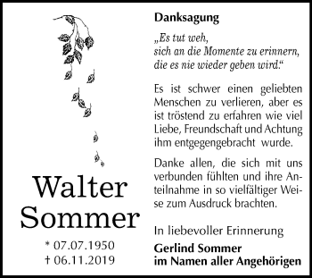 Traueranzeige von Walter Sommer von Wochenspiegel Bitterfeld