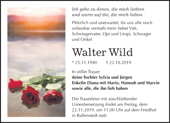 Traueranzeige von Walter Wild von Super Sonntag Quedlinburg