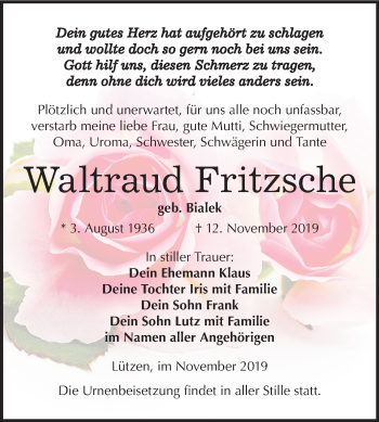 Traueranzeige von Waltraud Fritzsche von Mitteldeutsche Zeitung Weißenfels