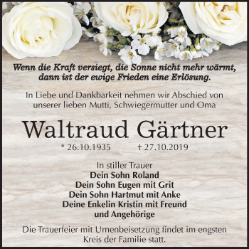 Traueranzeige von Waltraud Gärtner von Super Sonntag Wittenberg