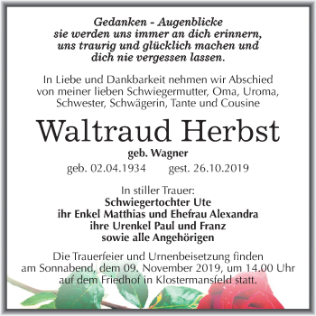 Traueranzeige von Waltraud Herbst von Wochenspiegel Mansfelder Land