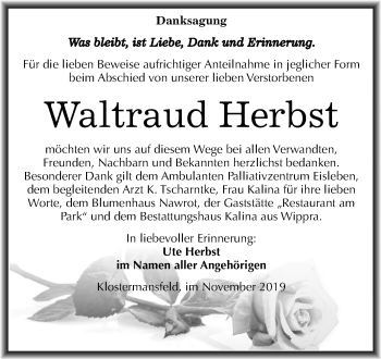 Traueranzeige von Waltraud Herbst von Mitteldeutsche Zeitung Mansfelder Land