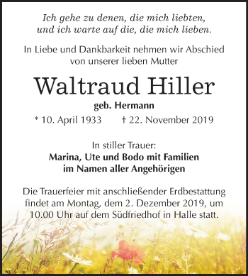 Traueranzeige von Waltraud Hiller von Mitteldeutsche Zeitung Halle/Saalkreis