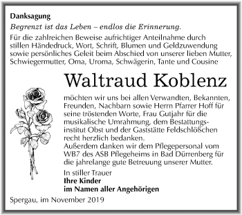 Traueranzeige von Waltraud Koblenz von Mitteldeutsche Zeitung Merseburg/Querfurt