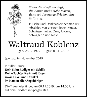Traueranzeige von Waltraud Koblenz von Mitteldeutsche Zeitung Merseburg/Querfurt