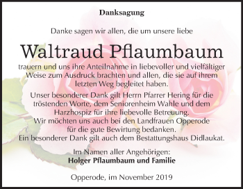 Traueranzeige von Waltraud Pflaumbaum von Mitteldeutsche Zeitung Quedlinburg