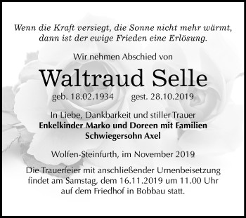 Traueranzeige von Waltraud Selle von Mitteldeutsche Zeitung Bitterfeld