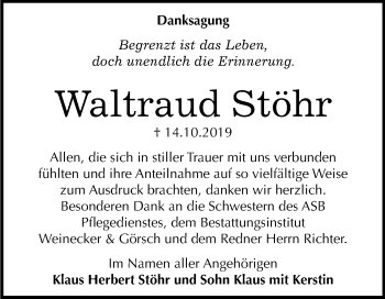 Traueranzeige von Waltraud Stöhr von Mitteldeutsche Zeitung Bernburg