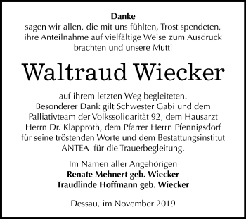 Traueranzeige von Waltraud Wiecker von Mitteldeutsche Zeitung Dessau-Roßlau