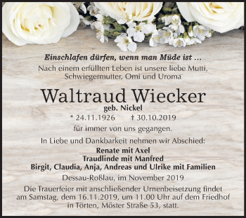 Traueranzeige von Waltraud Wiecker von Super Sonntag Dessau-Roßlau