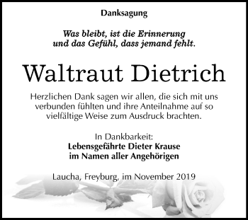 Traueranzeige von Waltraut Dietrich von Wochenspiegel Naumburg/Nebra
