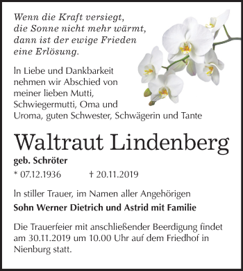 Traueranzeige von Waltraut Lindenberg von Wochenspiegel Bernburg