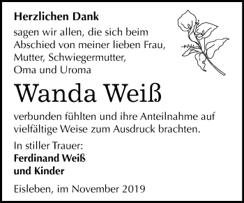 Traueranzeige von Wanda Weiß von Mitteldeutsche Zeitung Mansfelder Land